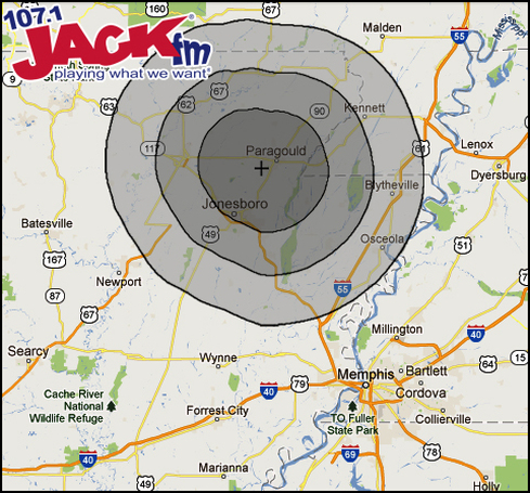 107.1 JACK FM Coverage Map